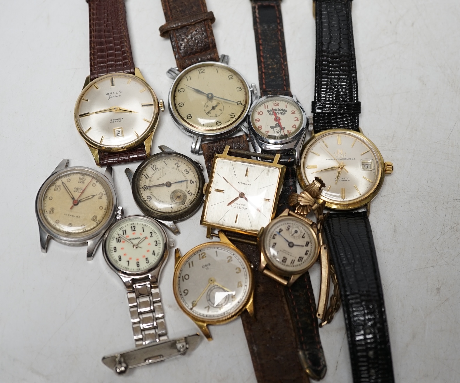 A collection of assorted wrist watches, including Accurist, Cyma & Roamer. Condition - poor to fair